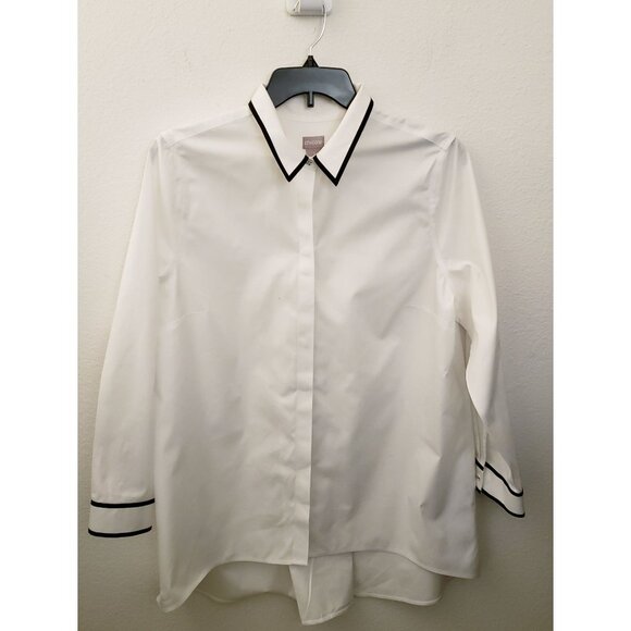 Chicos' 100% Cotton Black Trimmed Jeweled Button Up Shirt Tunic Size L EUC - Picture 1 of 11